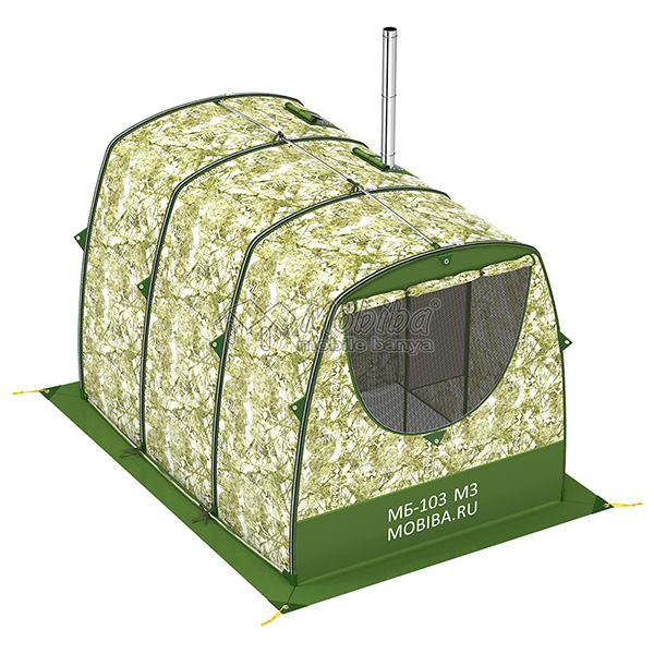 Мобильная баня Мобиба МБ-103 М3. Тыльная сторона палатки с поднятым клапаном